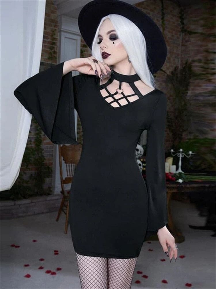 Black bell sleeve mini dress unbelted front