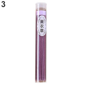 Purple lavender incense sticks in a clear tube with a pale purple label and a white cap.