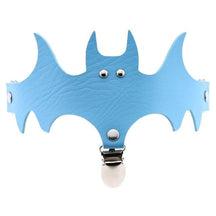 Light blue bat leg garter with a central stocking clip beneath its small bat face.