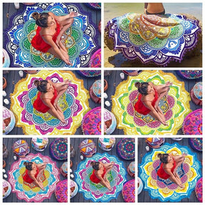 Collage of seven colourful mandala flower throw designs, showing different petal patterns, borders and examples laid out for use.