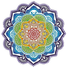 Full navy-and-teal mandala flower throw with a red centre, pale patterned petals and a dotted scalloped edge.