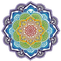 Navy and teal mandala flower throw with red, green and yellow inner petals and a white dotted scalloped border.