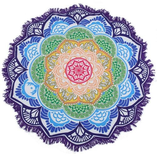 Full view of the purple-and-green mandala flower throw, showing the layered floral pattern and white fringed outline.