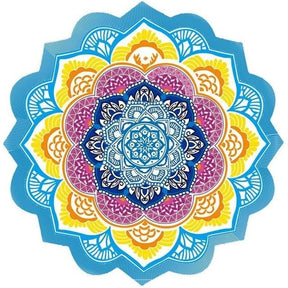 Full flower-shaped teal mandala throw with yellow, white and pink decorative rings and rounded printed scallops.