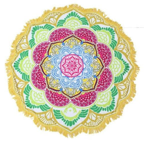 Mandala flower throw with a pink centre, blue and green petal rings and a yellow fringed edge.