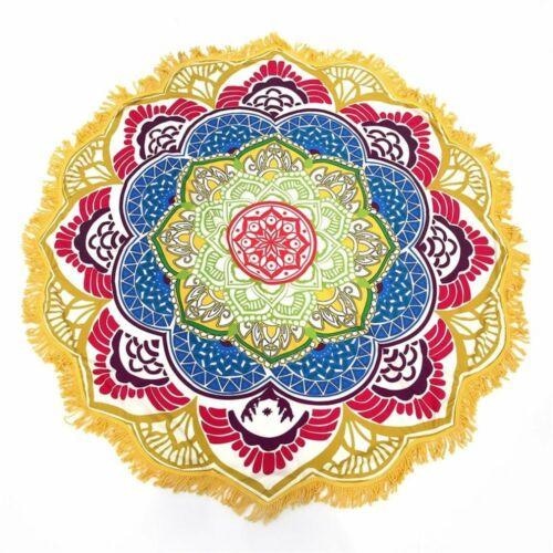 Flat yellow-and-red mandala flower throw with pale green inner petals, blue accents and white fringe around its yellow border.