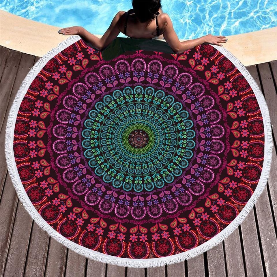 Red Blue Mandala Flower Area Rug Floor Yoga Mat Tapestry Fabric Tassels Spiritual Reiki Chakra Healing Hindu Buddhist by Arcane Trail