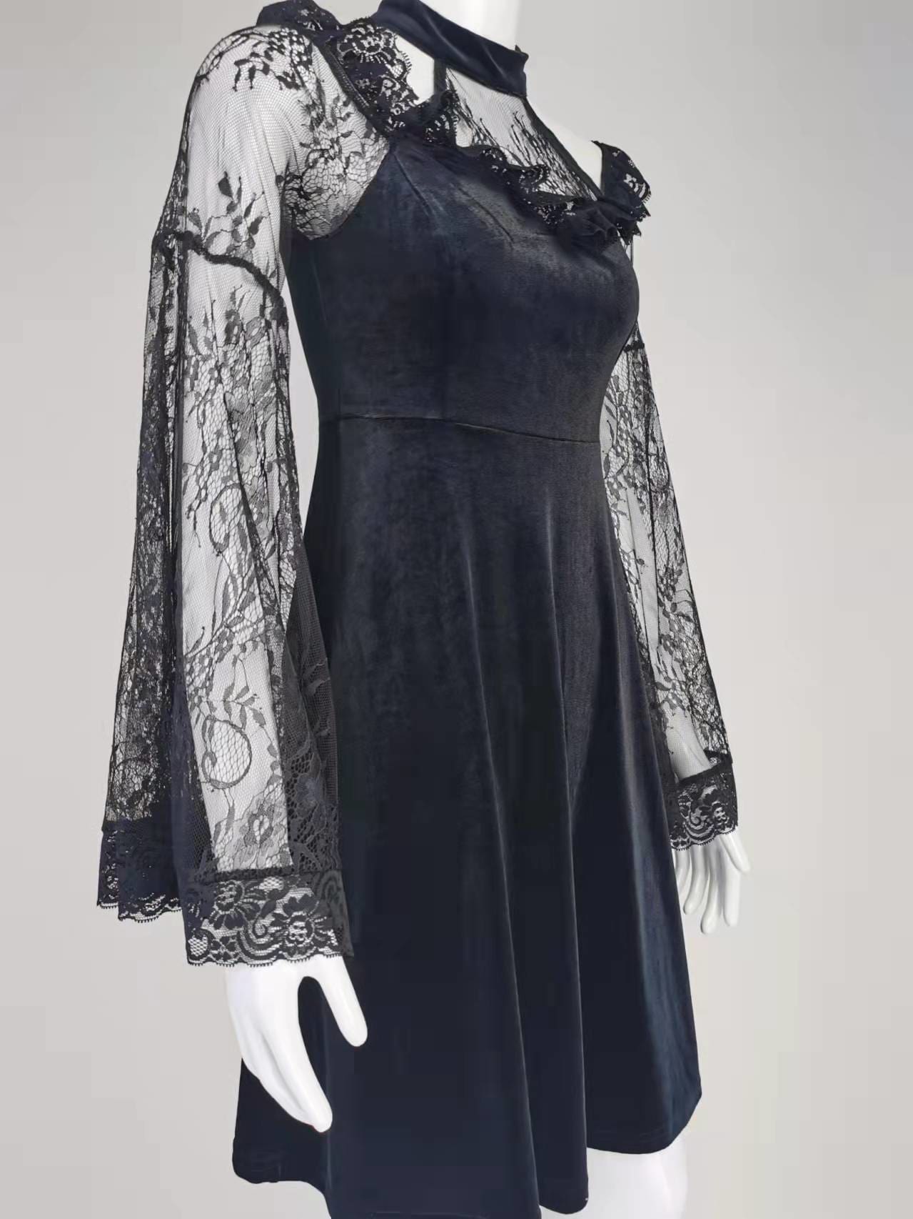 Black velvet dress angled front silhouette