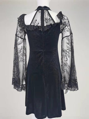Black velvet mini dress full back