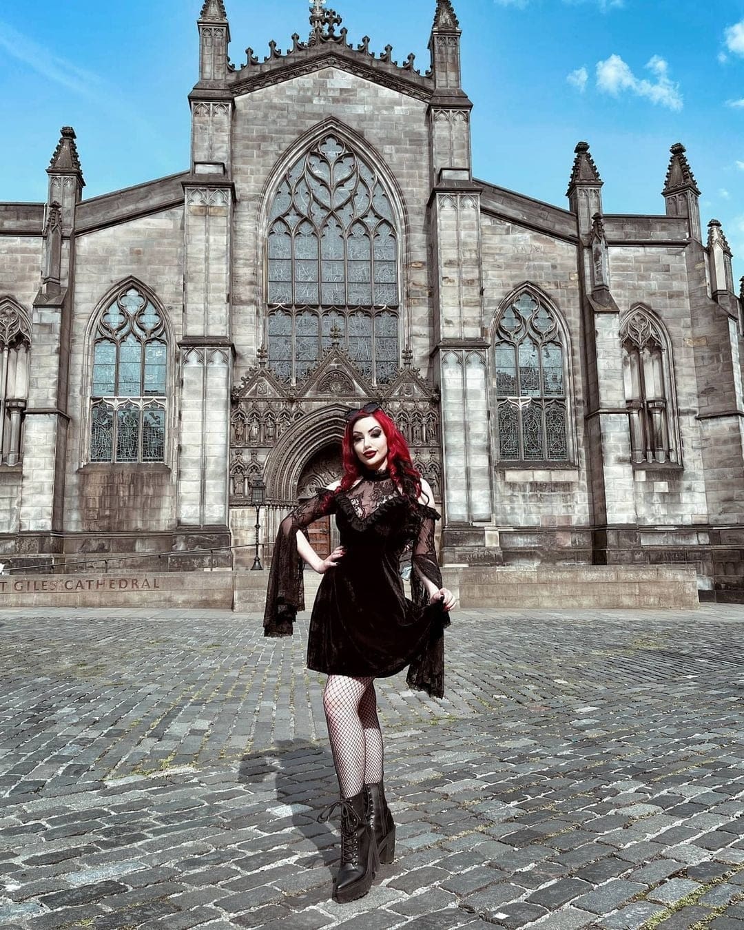 Black lace mini dress full cathedral outfit