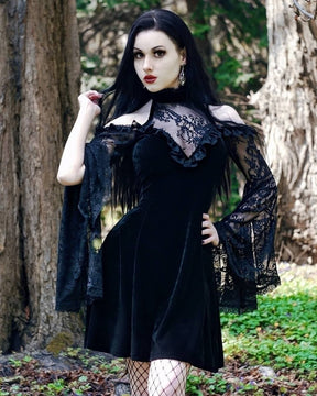 Black velvet bell sleeve dress full woodland outfit