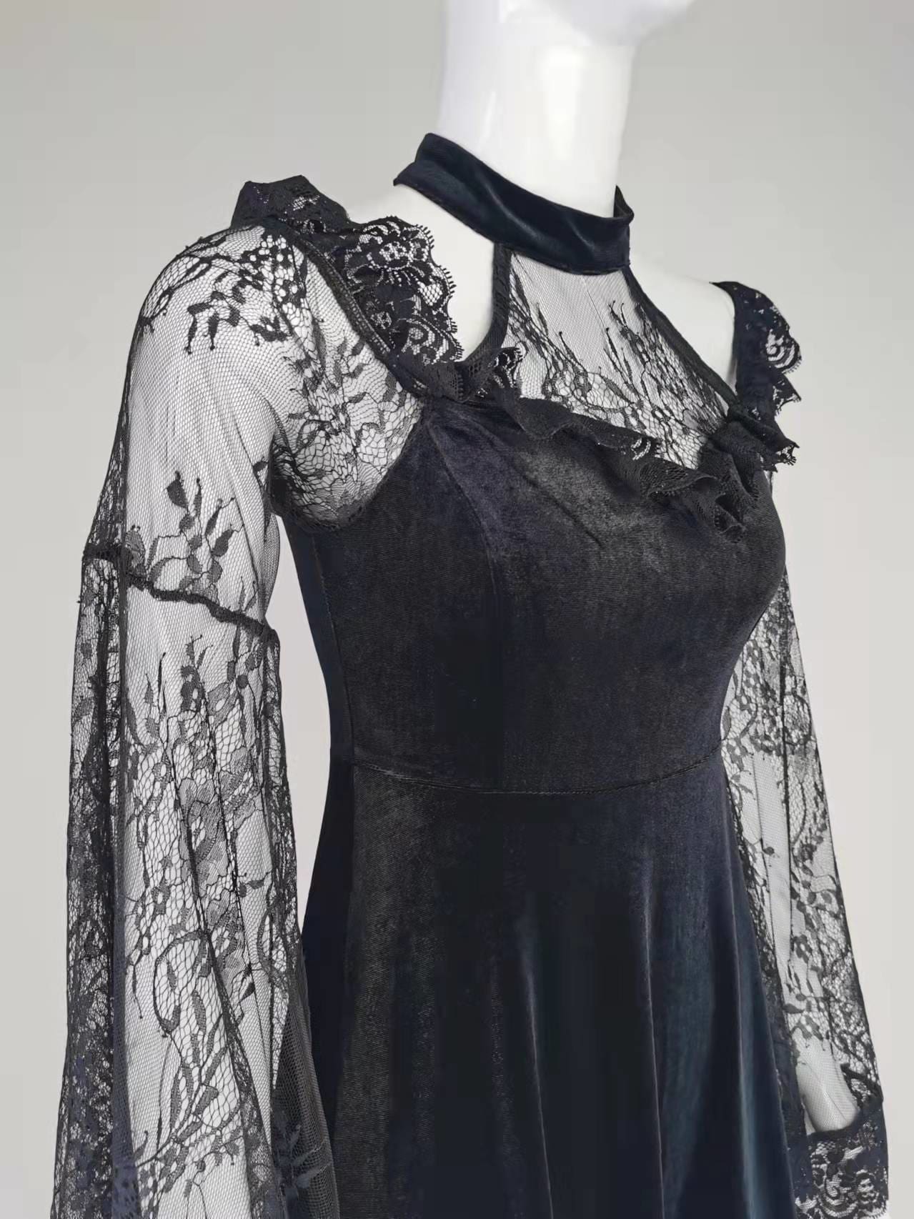 Velvet dress lace yoke angled detail