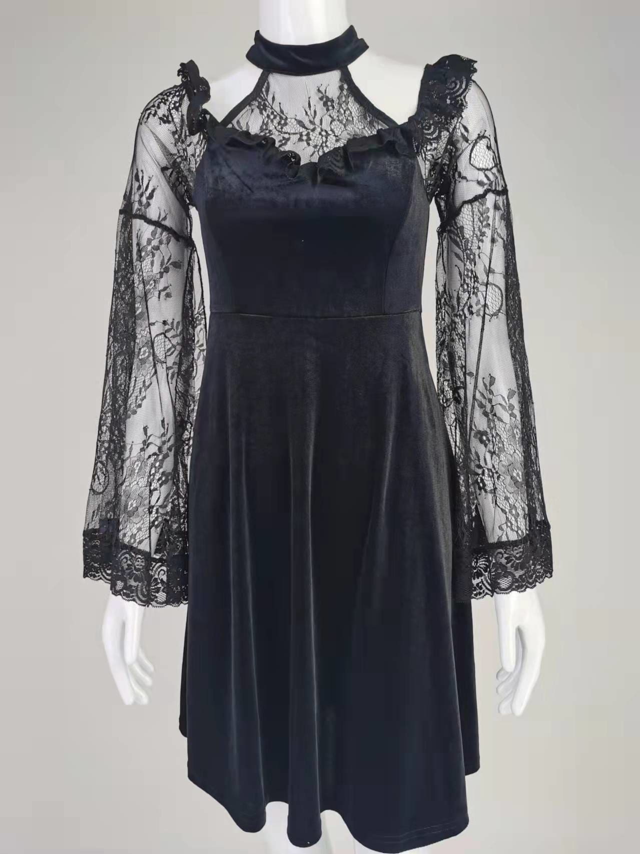 Black velvet bell sleeve dress mannequin front