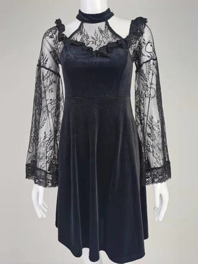 Black velvet bell sleeve dress mannequin front