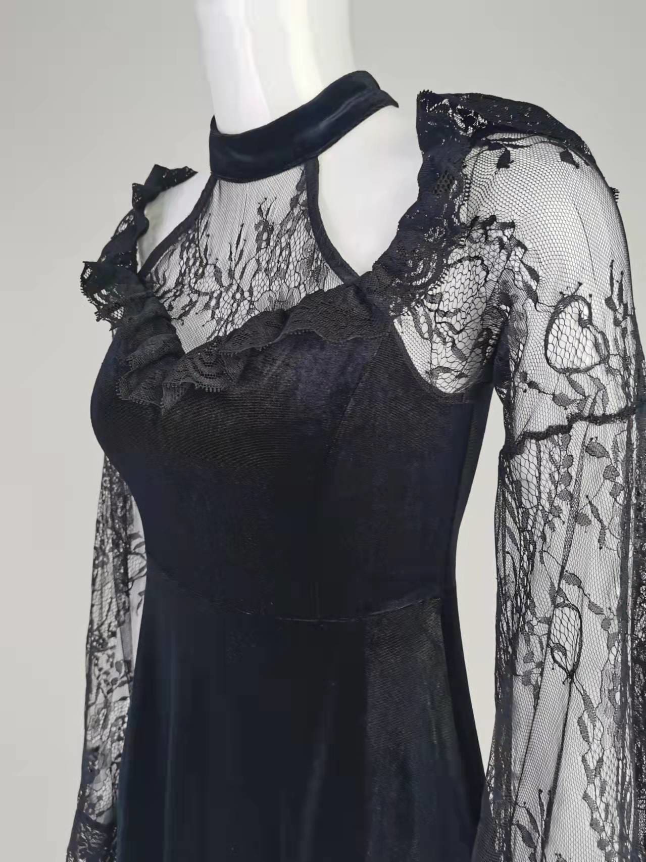 Black lace dress upper bodice angled view