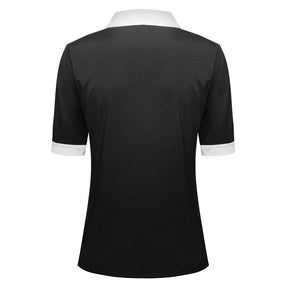 Back view of the Moon Child blouse on a white torso form, showing a plain black back and white bands at the short-sleeve cuffs.