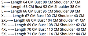Moon Child blouse size chart listing length, bust and shoulder measurements in centimeters for S, M, L, XL, XXL, 3XL, 4XL and 5XL.