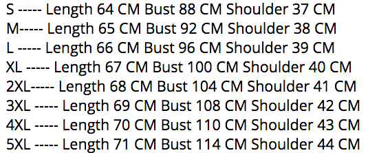 Moon Child blouse size chart listing length, bust and shoulder measurements in centimeters for S, M, L, XL, XXL, 3XL, 4XL and 5XL.