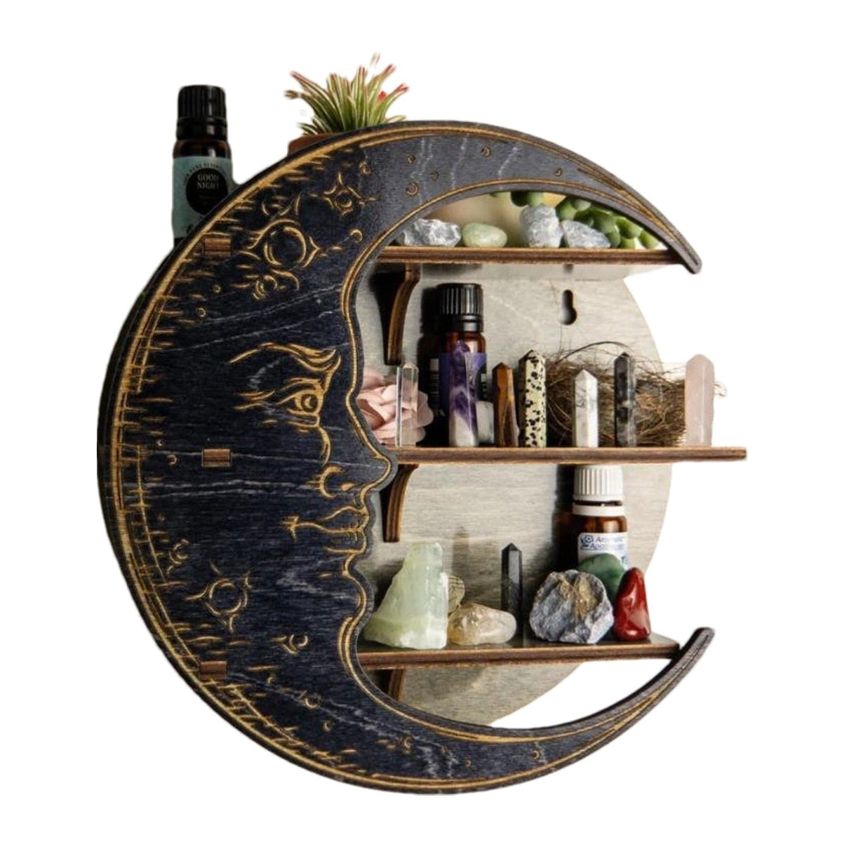 Black moon face shelf filled with crystals
