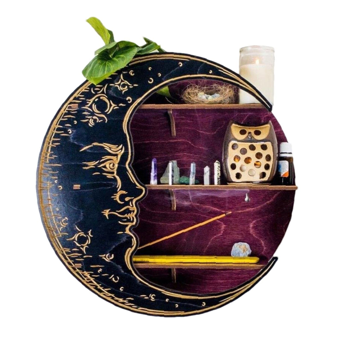 Purple moon face shelf filled with crystals