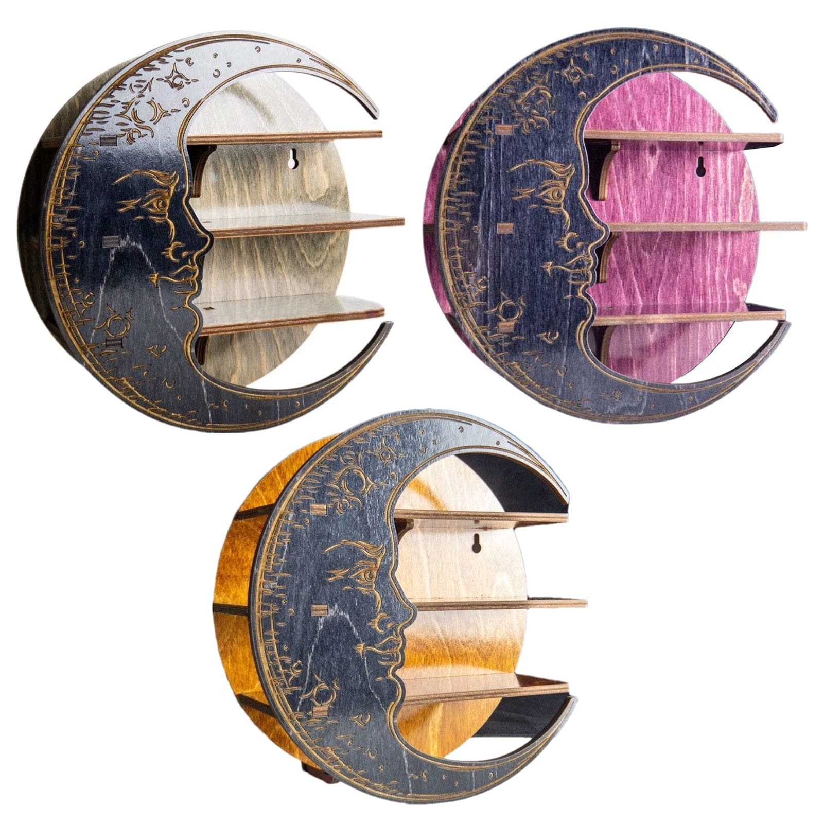 Black yellow and purple moon shelves compared