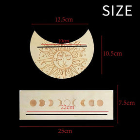 Wooden card stand dimensions: the moon piece has a 10cm slot and the rectangle a 22cm slot, with overall widths and heights labelled.