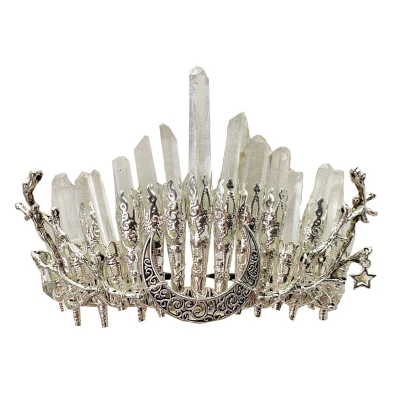 Clear quartz crown with tall crystal points, silver-tone crescent filigree and small star charms.