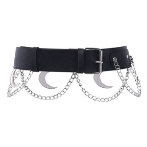 Black crescent moon belt displayed on white with its rectangular buckle fastened at the front. Silver-tone moons and looped chains hang from the strap.