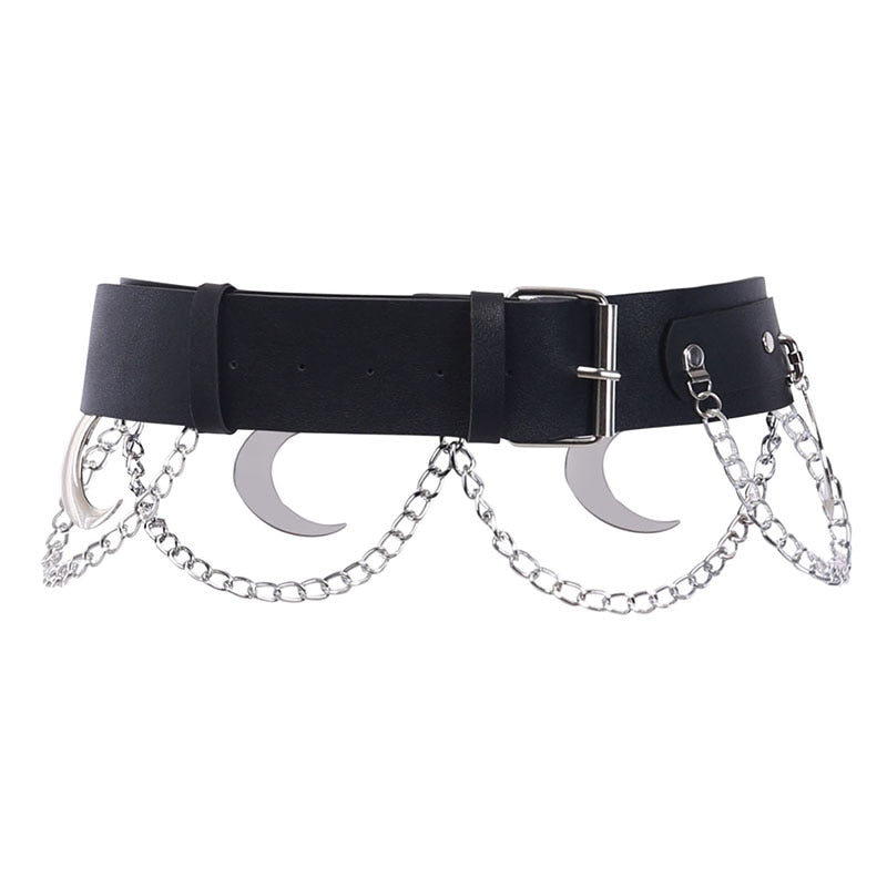 Black crescent moon belt displayed on white with its rectangular buckle fastened at the front. Silver-tone moons and looped chains hang from the strap.