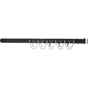 Full black belt laid straight on white, showing its rectangular buckle, adjustment holes and a row of crescent moons with hanging chains.