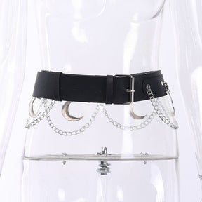 Front view of Mooncraft on a clear mannequin, showing the rectangular pin buckle and rows of silver-tone crescent moons and chains below the black strap.