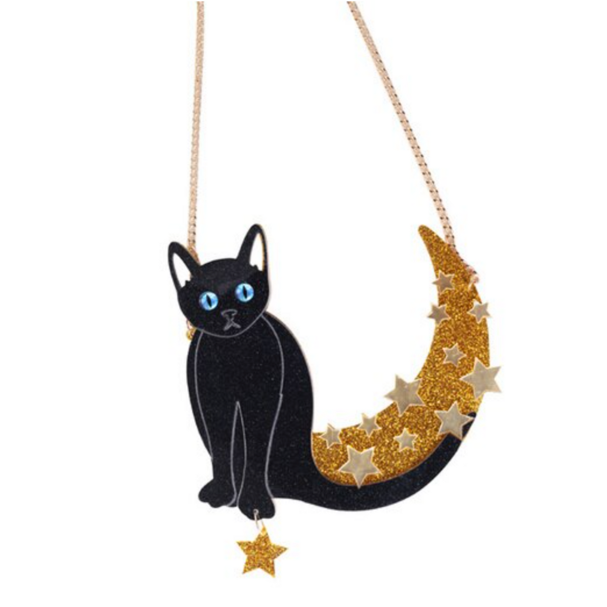 Black cat and gold glitter crescent moon necklace suspended from a gold-tone chain against white. The cat has blue eyes, pale face details and a small dangling star below its paws.