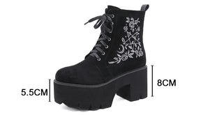 Black platform ankle boots with white pentagram, moon and rose embroidery measurement guide showing an 8cm heel and 5.5cm front platform.