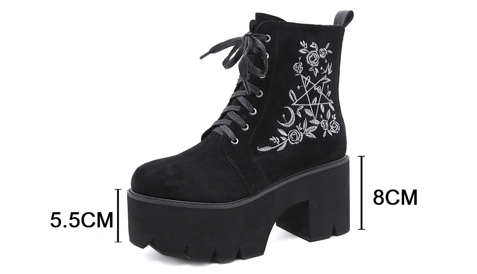 Black platform ankle boots with white pentagram, moon and rose embroidery measurement guide showing an 8cm heel and 5.5cm front platform.