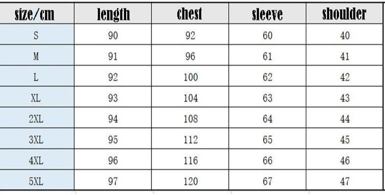 Occult hooded cardigan size chart showing length, chest, sleeve and shoulder measurements in centimeters for S through 5XL.