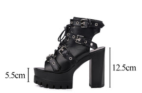 Black open-toe buckle bootie measurement guide marking the block heel at 12.5cm and the front platform at 5.5cm.