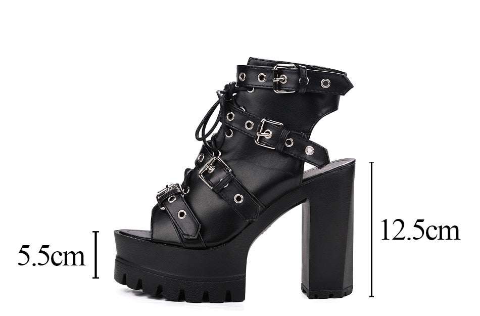 Black open-toe buckle bootie measurement guide marking the block heel at 12.5cm and the front platform at 5.5cm.