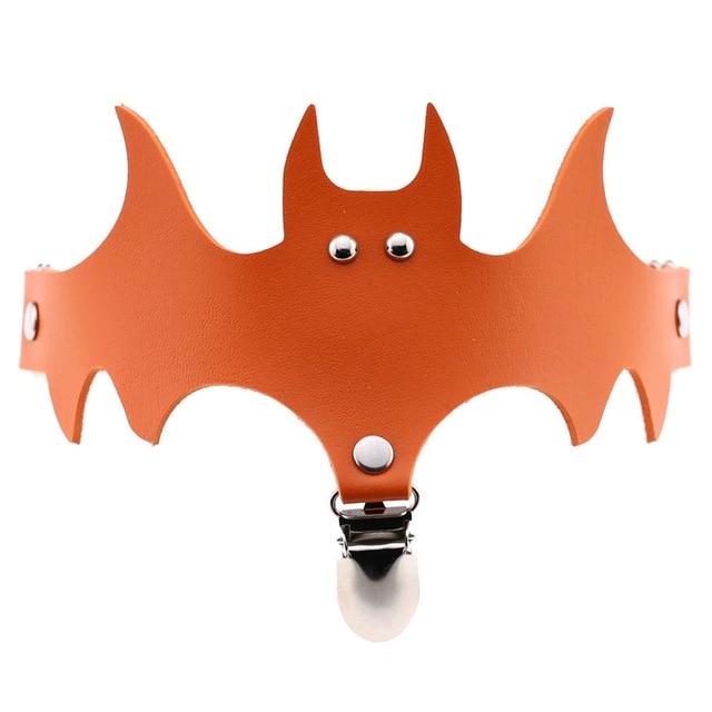 Orange bat garter with a narrow matching band and a central silver-tone stocking clip.