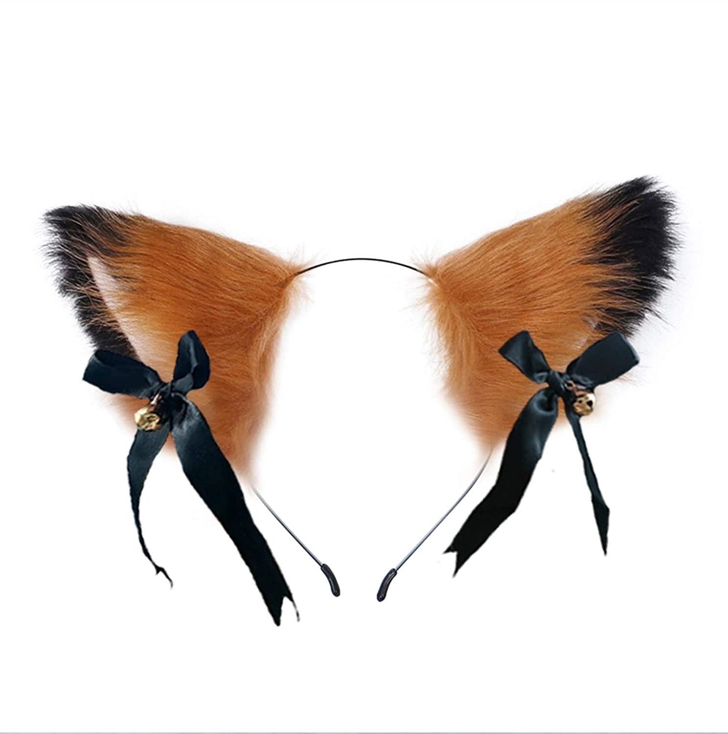 Fuzzy orange and black cat ear headband with pale inner ears, black ribbon bows, and gold-tone bells