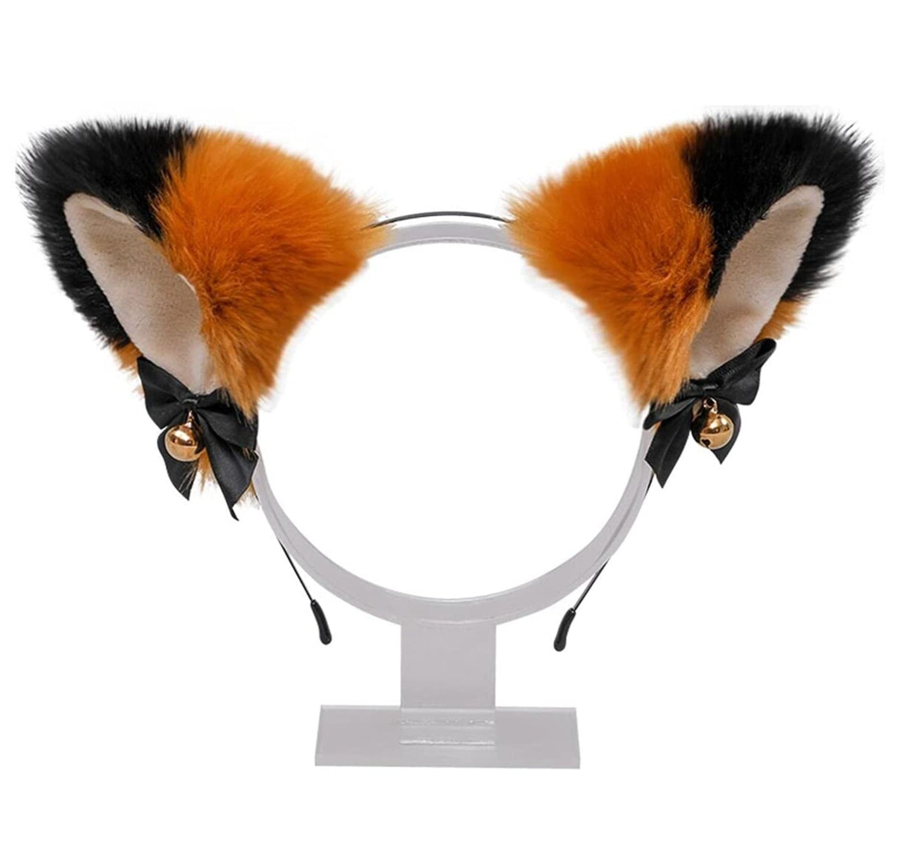 Fuzzy orange and black cat ear headband with pale inner ears, black ribbon bows, and gold-tone bells