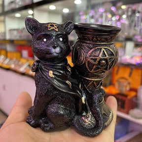 Ornate Black Cat Globe & Candle Stand - statue