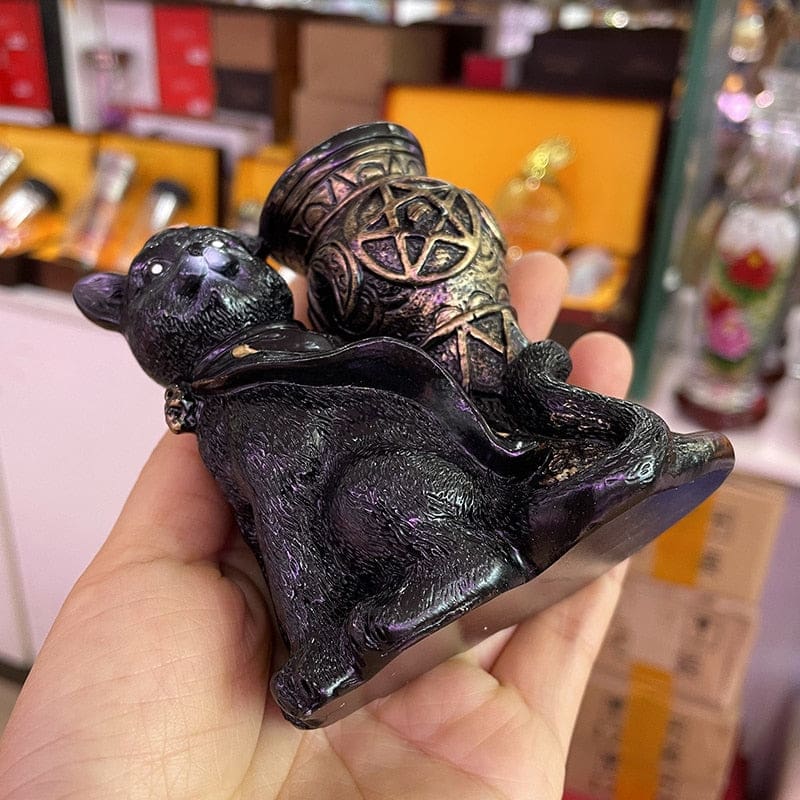 Ornate Black Cat Globe & Candle Stand - statue