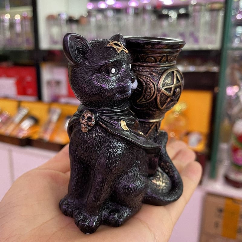 Ornate Black Cat Globe & Candle Stand - statue