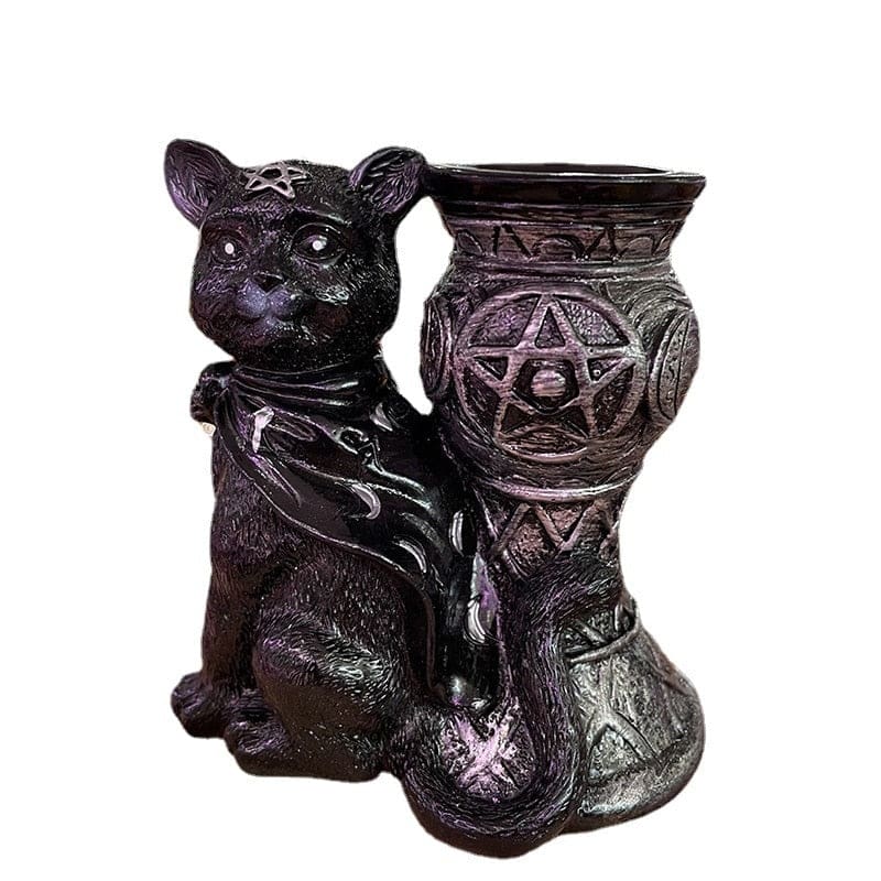 Ornate Black Cat Globe & Candle Stand - statue