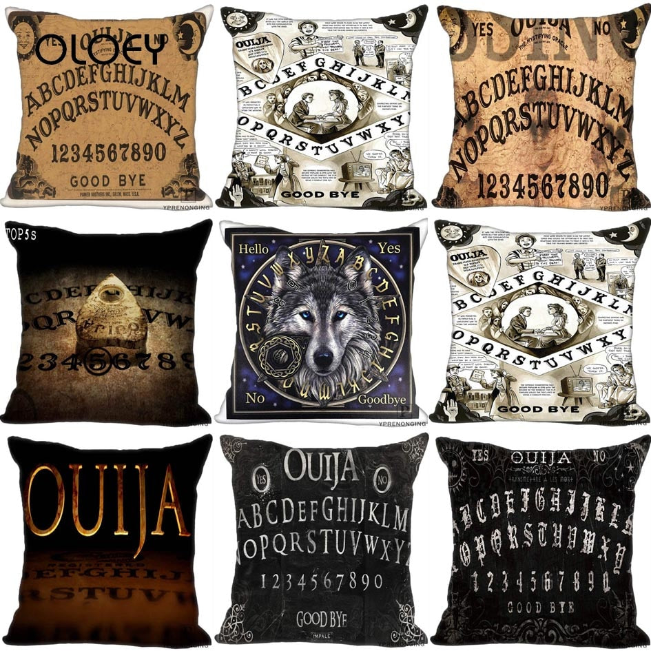 Collage of nine square Ouija pillow cover designs, including aged-board lettering, illustrated scenes, a wolf portrait and black-and-white alphabet layouts.