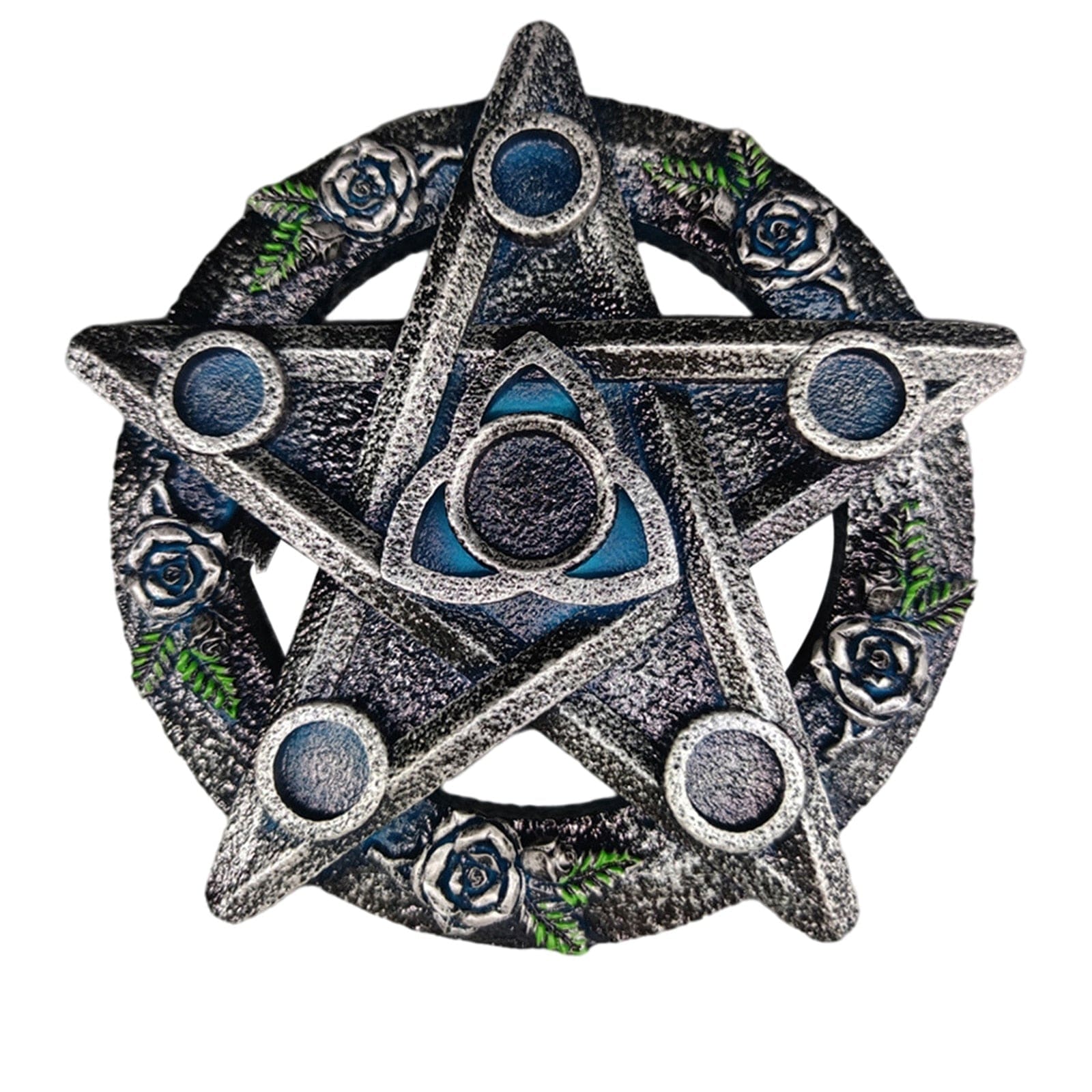 Silver-tone pentacle holder with a central triquetra and a ring of dark roses, green leaves and five blue-toned circular candle spaces.