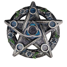 Silver-tone pentacle holder with a central triquetra and a ring of dark roses, green leaves and five blue-toned circular candle spaces.