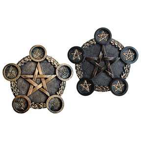 Bronze-tone and black pentagram candle holders displayed together against white, showing their matching leaf borders and five platforms.