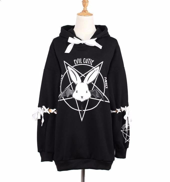 Evil Cute Pentagram Bunny Rabbit Bat Wing Hoodie Sweatshirt Sweater Lace Up Corset Sleeves Witchcraft Wicca Witch Goth Fashion by Arcane Trail