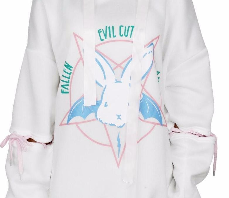 Evil Cute Pentagram Bunny Rabbit White Bat Wing Hoodie Sweatshirt Sweater Lace Up Corset Sleeves Witchcraft Wicca Witch Fairy Kei White Fashion by Arcane Trail